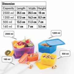 Family Fresh Plastic Storage container, Set of 4, (2500ML, 1200 ML, 500 ML, 160 ML), Multicolor