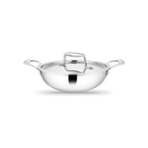 Artista Triply Stainless Steel Shallow Kadhai with Lid| Silver (Induction and Gas Stove Friendly), 22cm, 2100ml