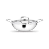 Artista Triply Stainless Steel Shallow Kadhai with Lid| Silver (Induction and Gas Stove Friendly), 24cm, 2500ml