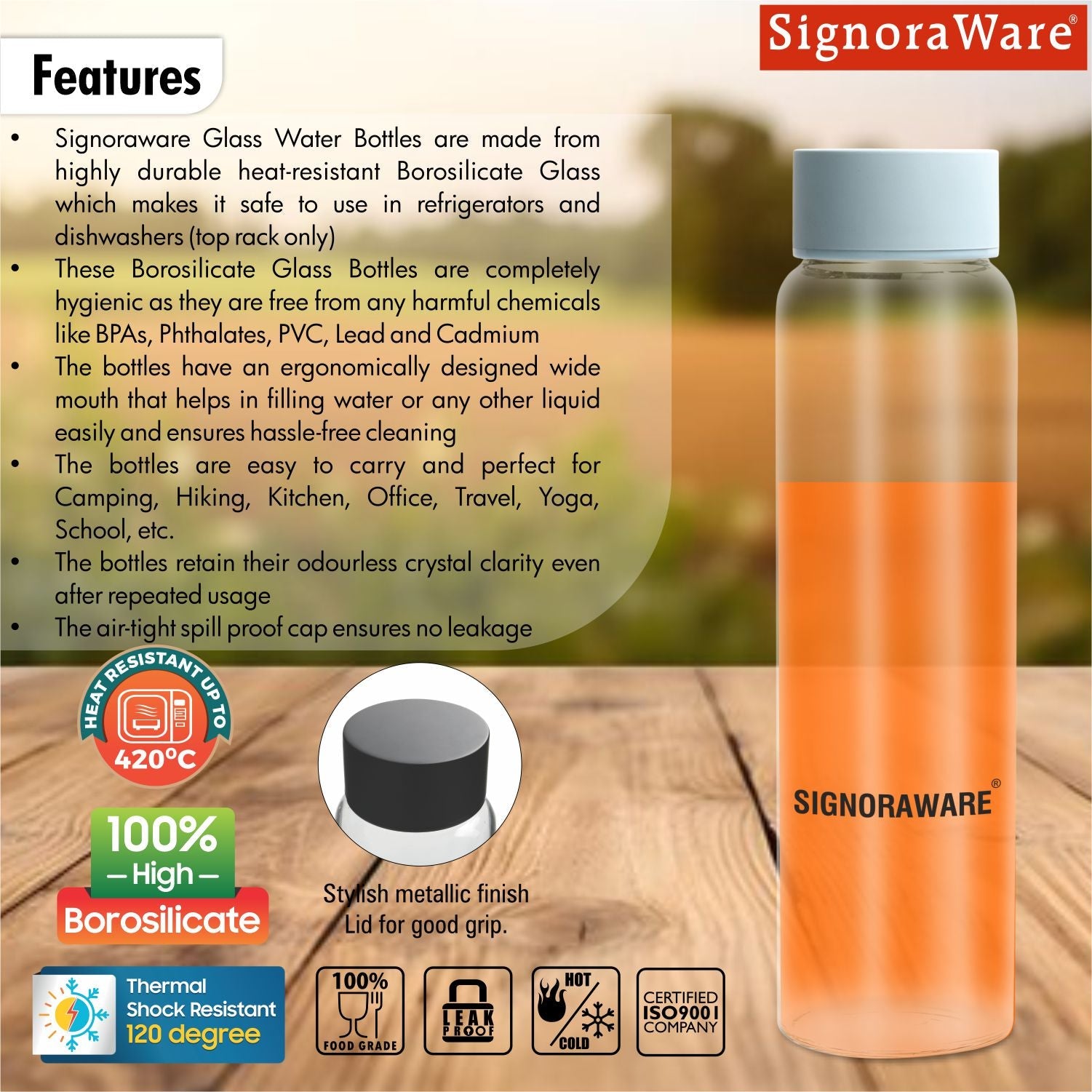 Cool Stream Borosilicate Glass Bottle 1000ml