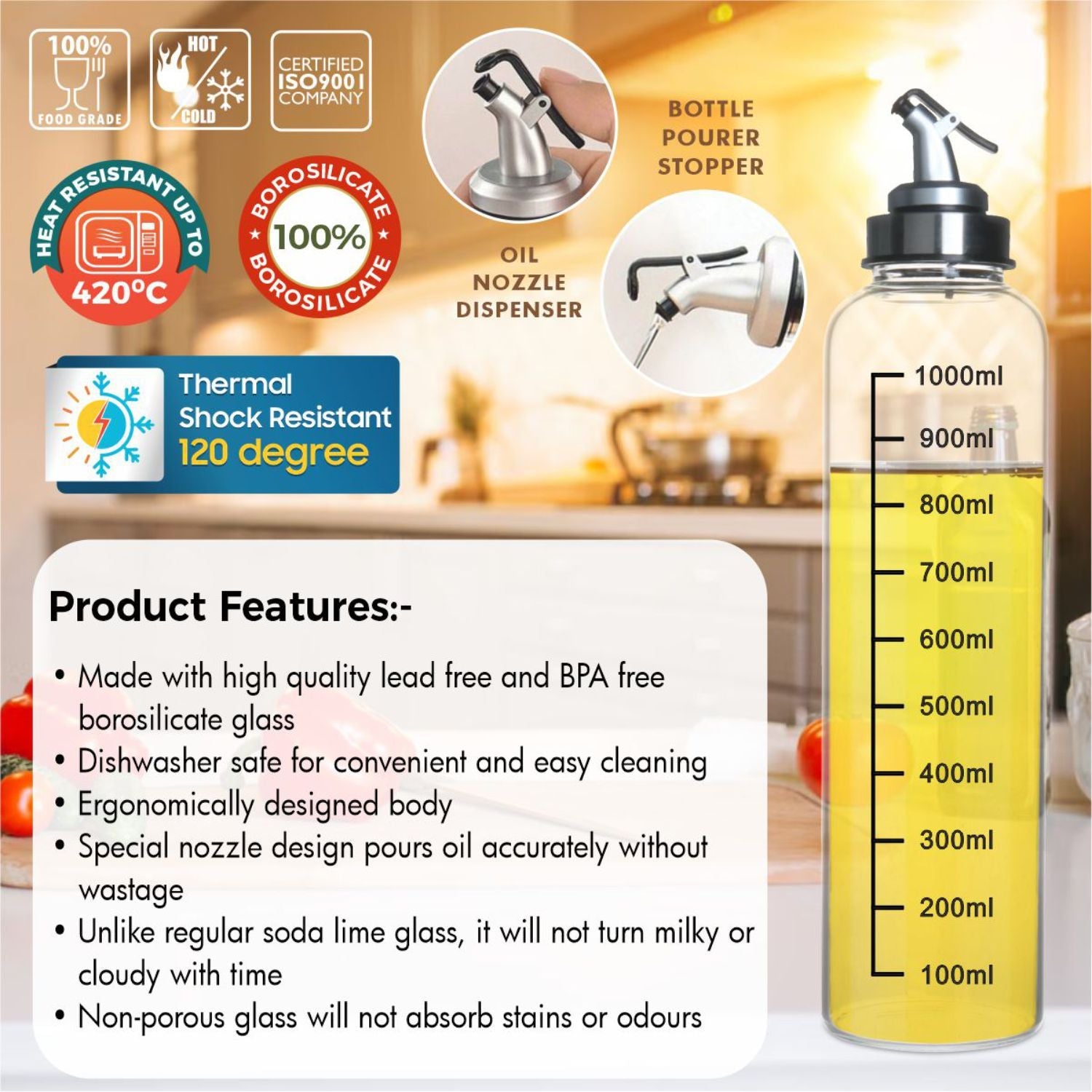 Eze Flow Glass Oil Dispenser 1 Ltr.(Borosilicate Glass)