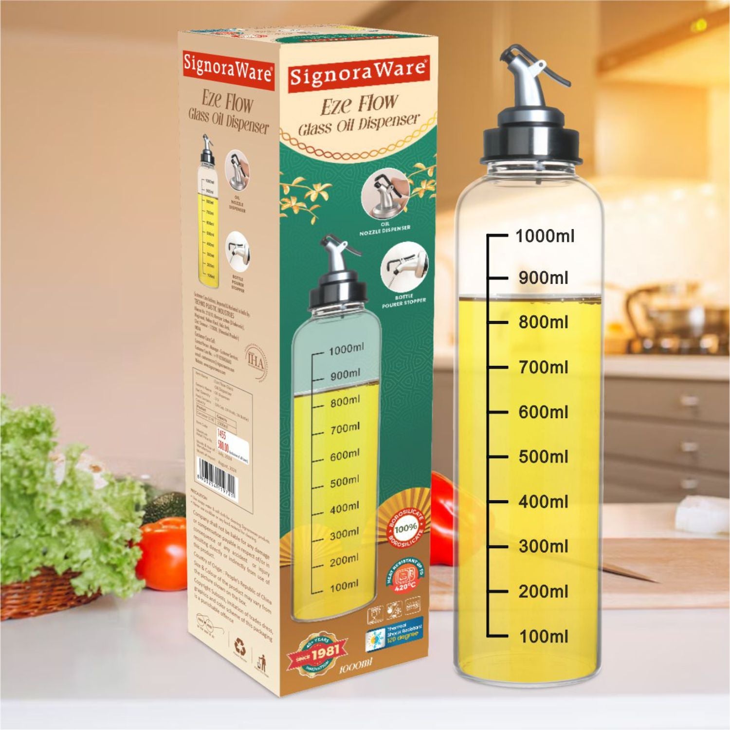 Eze Flow Glass Oil Dispenser 1 Ltr.(Borosilicate Glass)