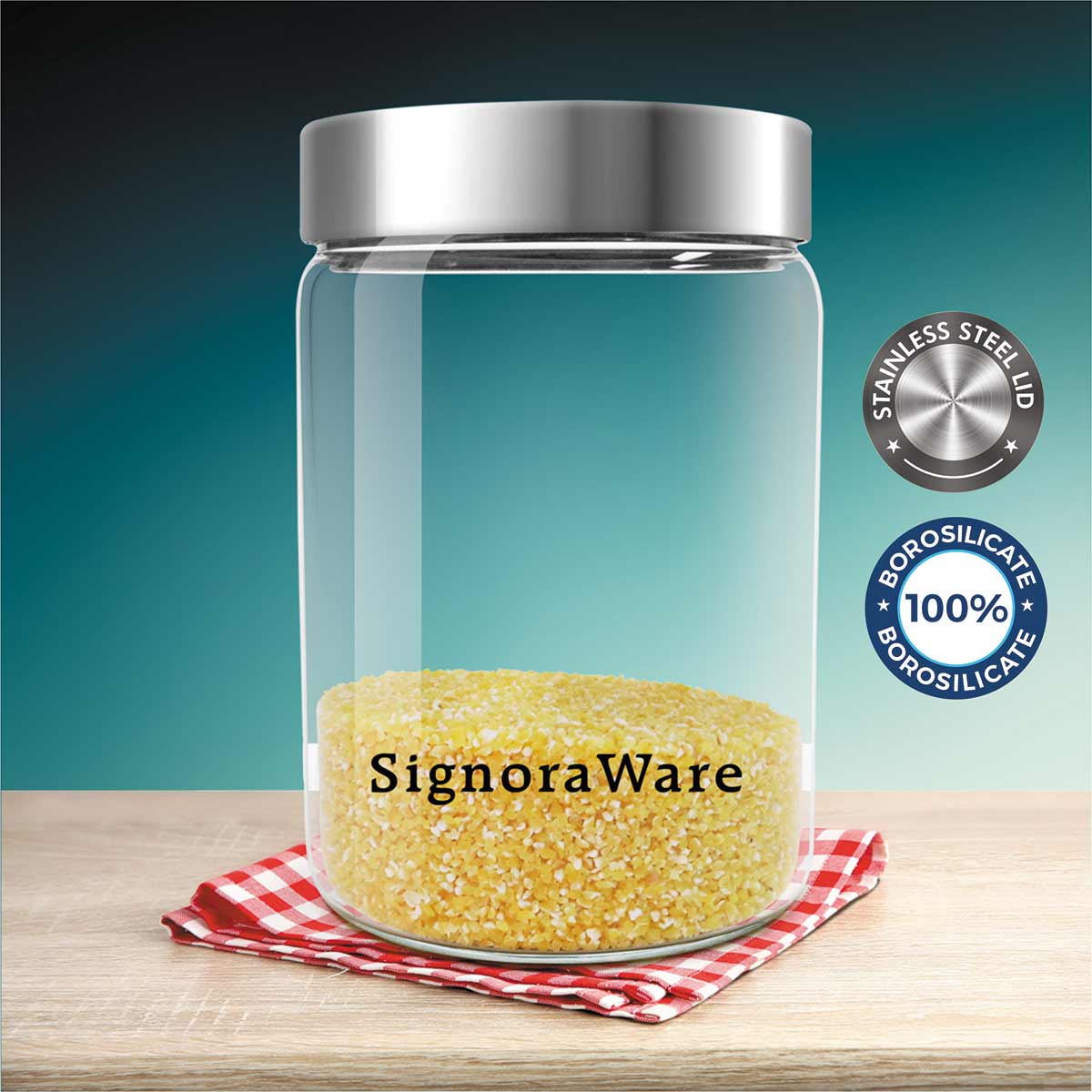 Glaze Jar with Steel Lid 900 ml | Air-Tight Storage Container For Kitchen | Glass Jar For Storing Spices, Grains, Dals