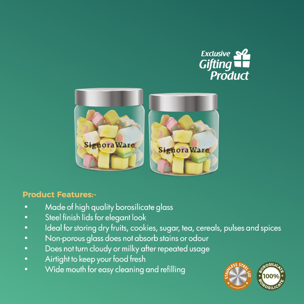 Glaze Round Glass Jar with Steel Lid 500ml (Set of 2)