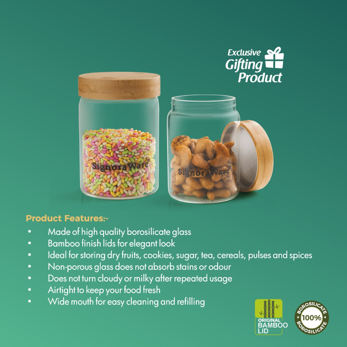 Glaze Round Glass Jar with Bamboo Lid 500ml  (Set of 2)