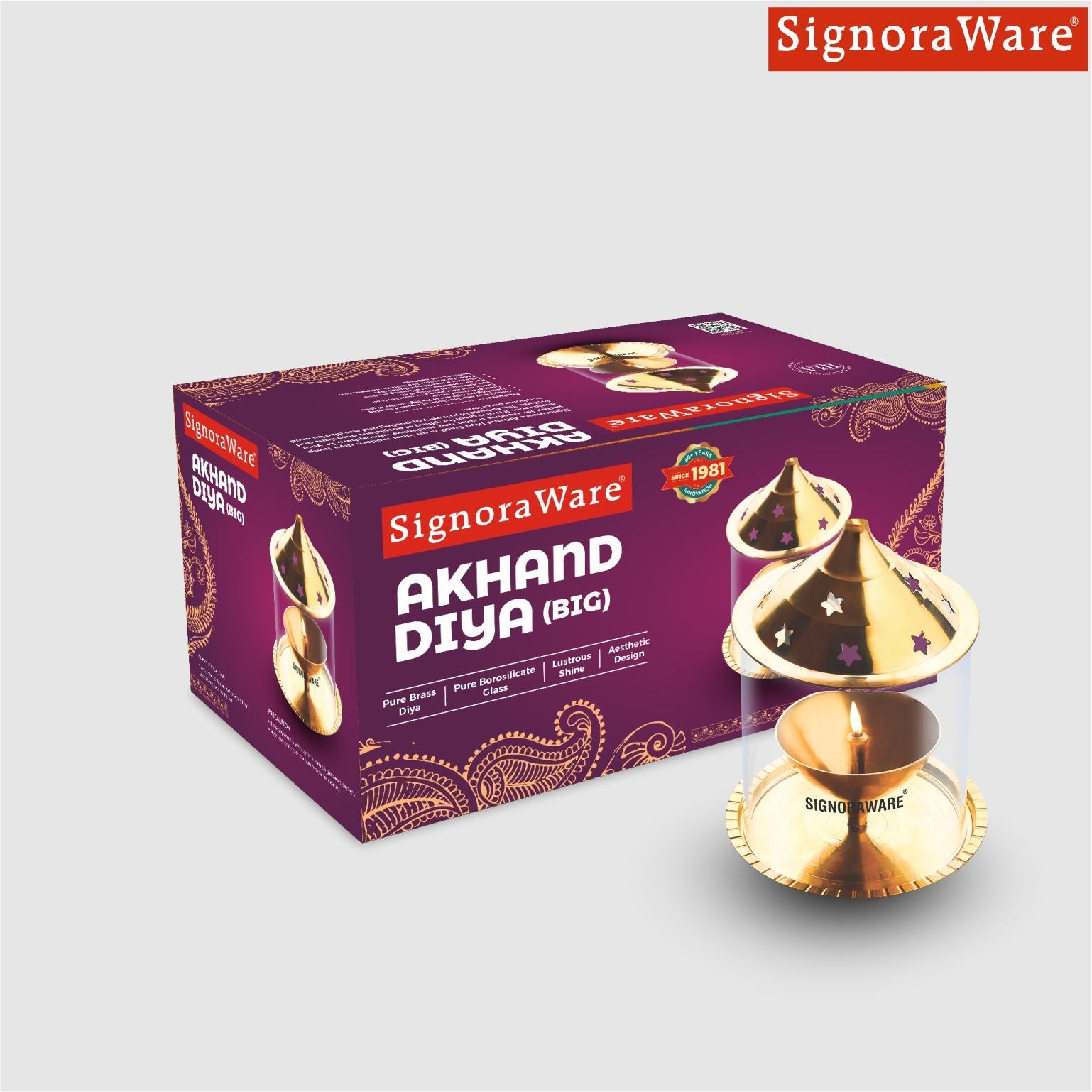 Akhand Diya Big Brass with Glass Cover