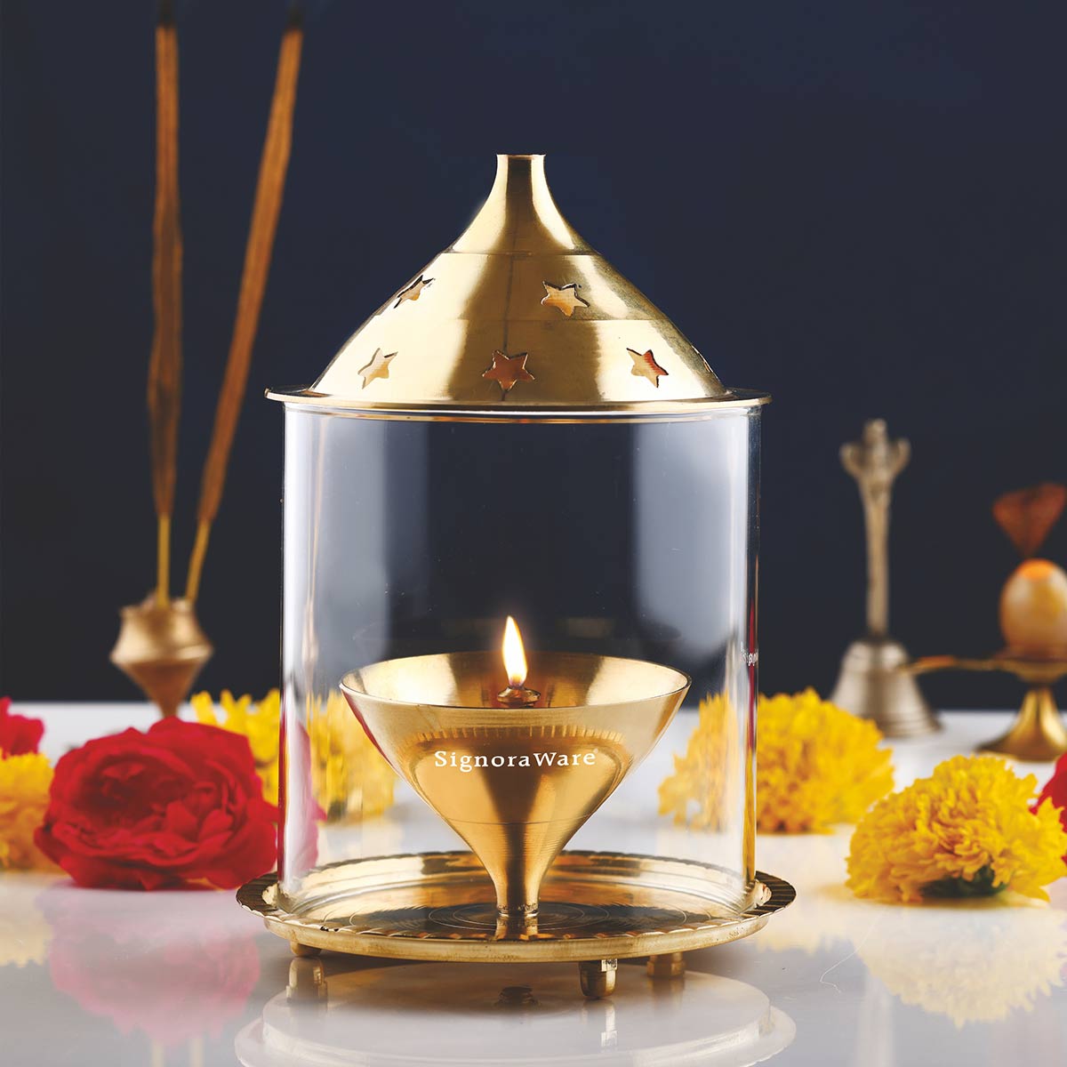 Akhand Diya Big Brass with Glass Cover