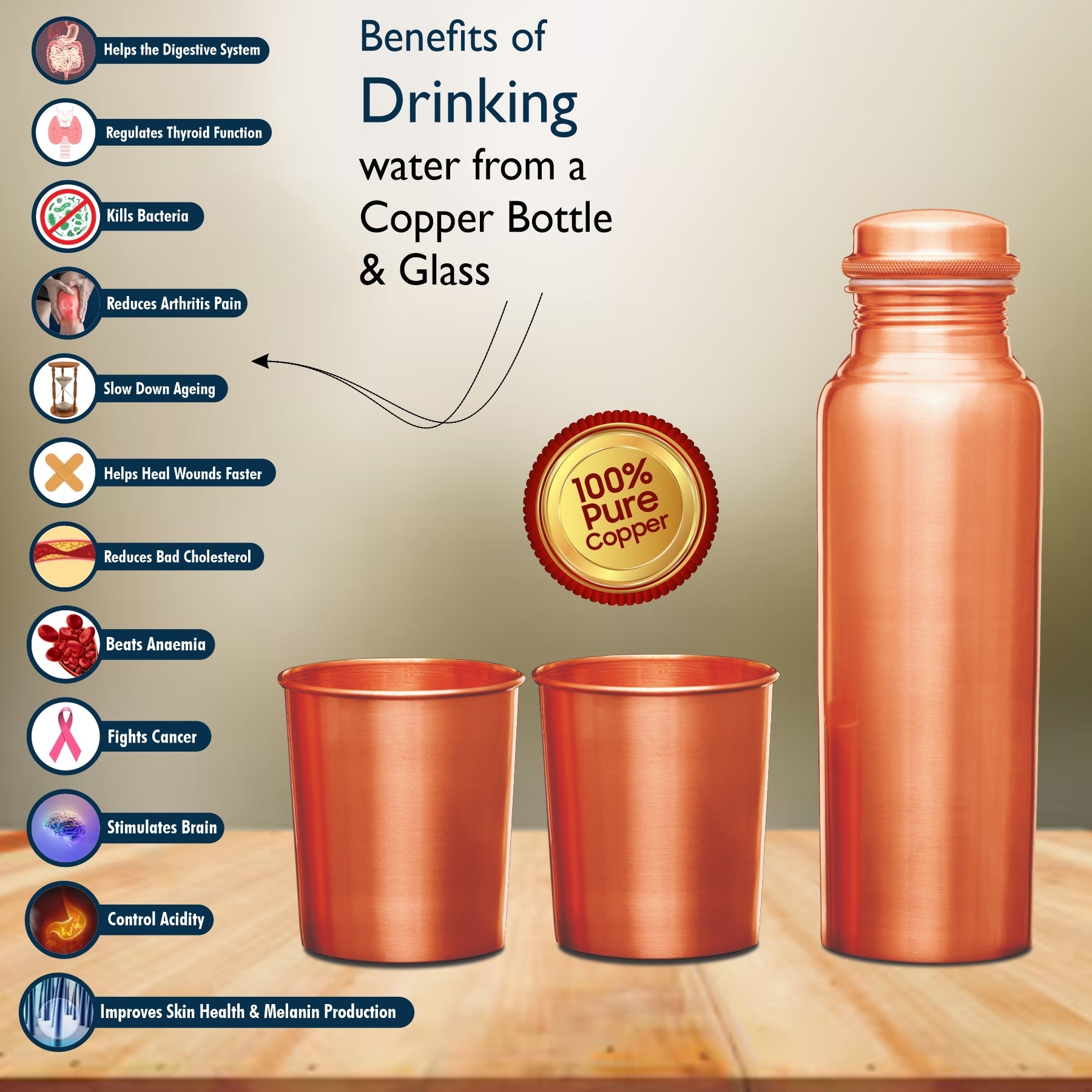Copper Bottle Matte with 2 Glasses