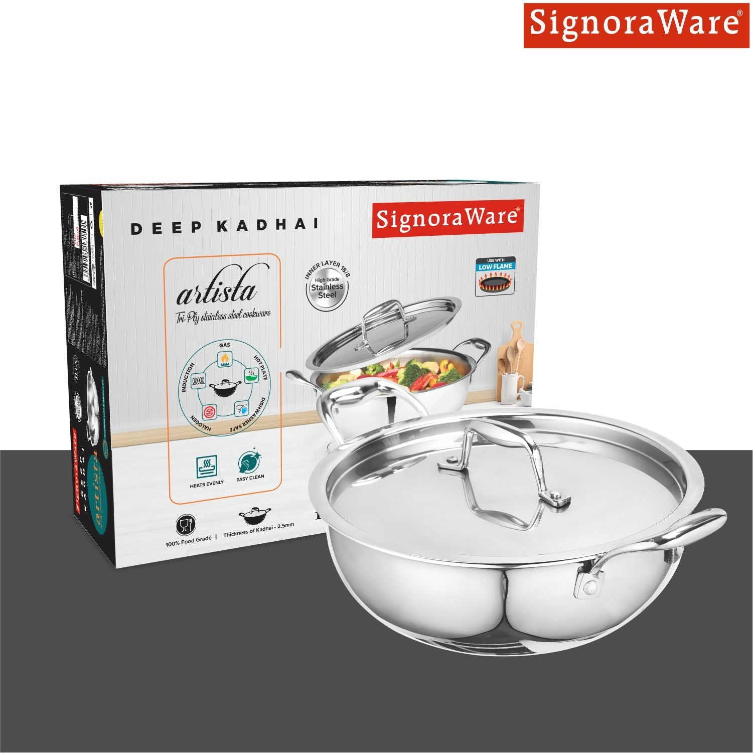 Artista Tri-Ply Kadhai 18 cm. /  1500ml. with Lid