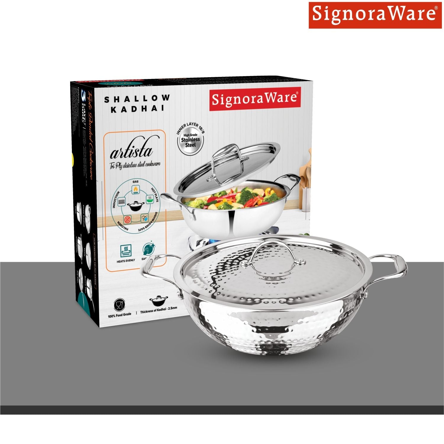 Artista Triply Shallow Kadhai (Hammered) 30cm with Lid