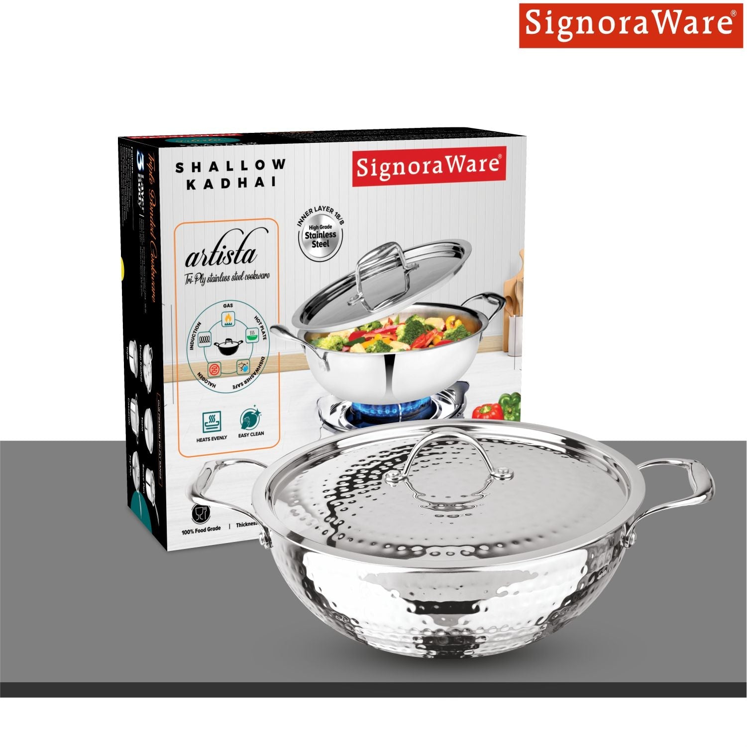 Artista Tri-Ply Deep Kadhai (Hammered) 20cm with Lid