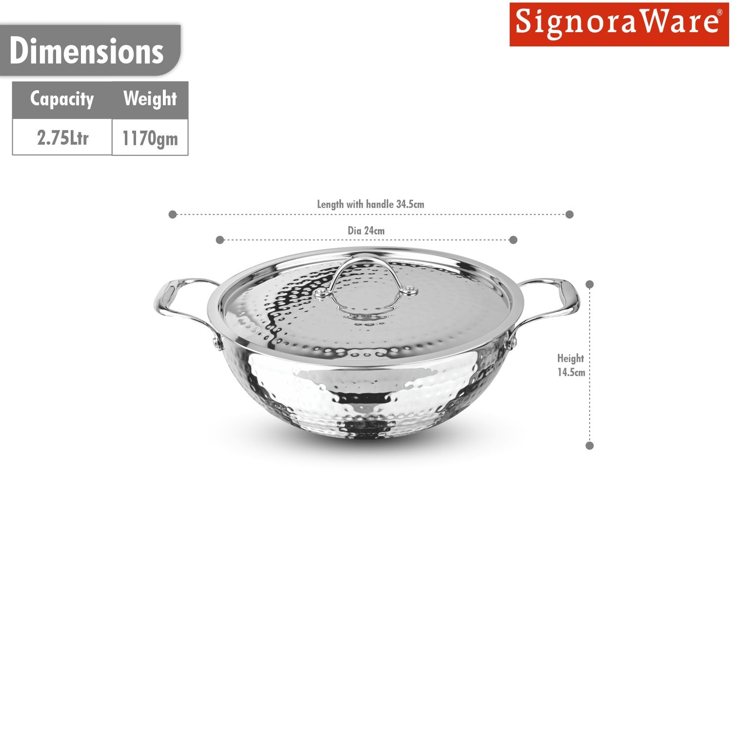 Artista Tri-Ply Deep Kadhai (Hammered) 22cm with lid