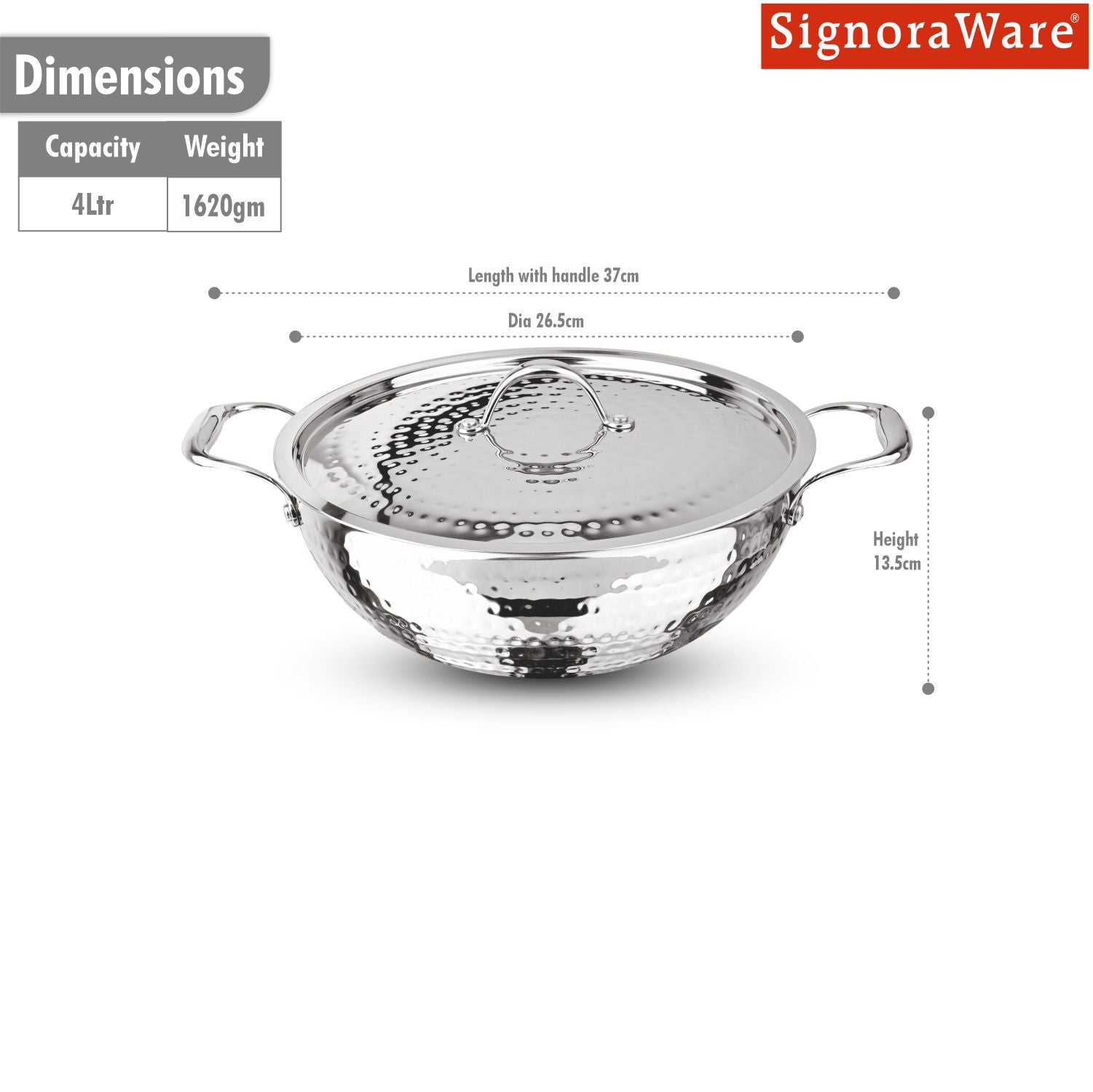 Artista Tri-Ply Deep Kadhai (Hammered) 26cm with Lid