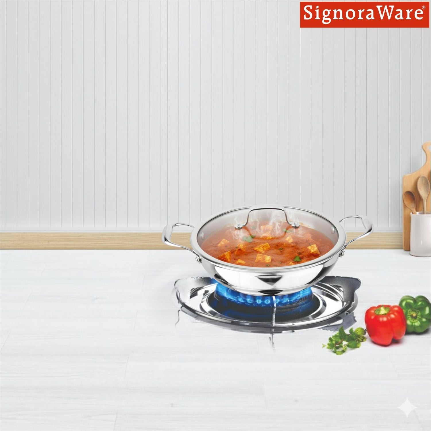 Artista Triply Shallow Kadhai with Glass Lid 18cm