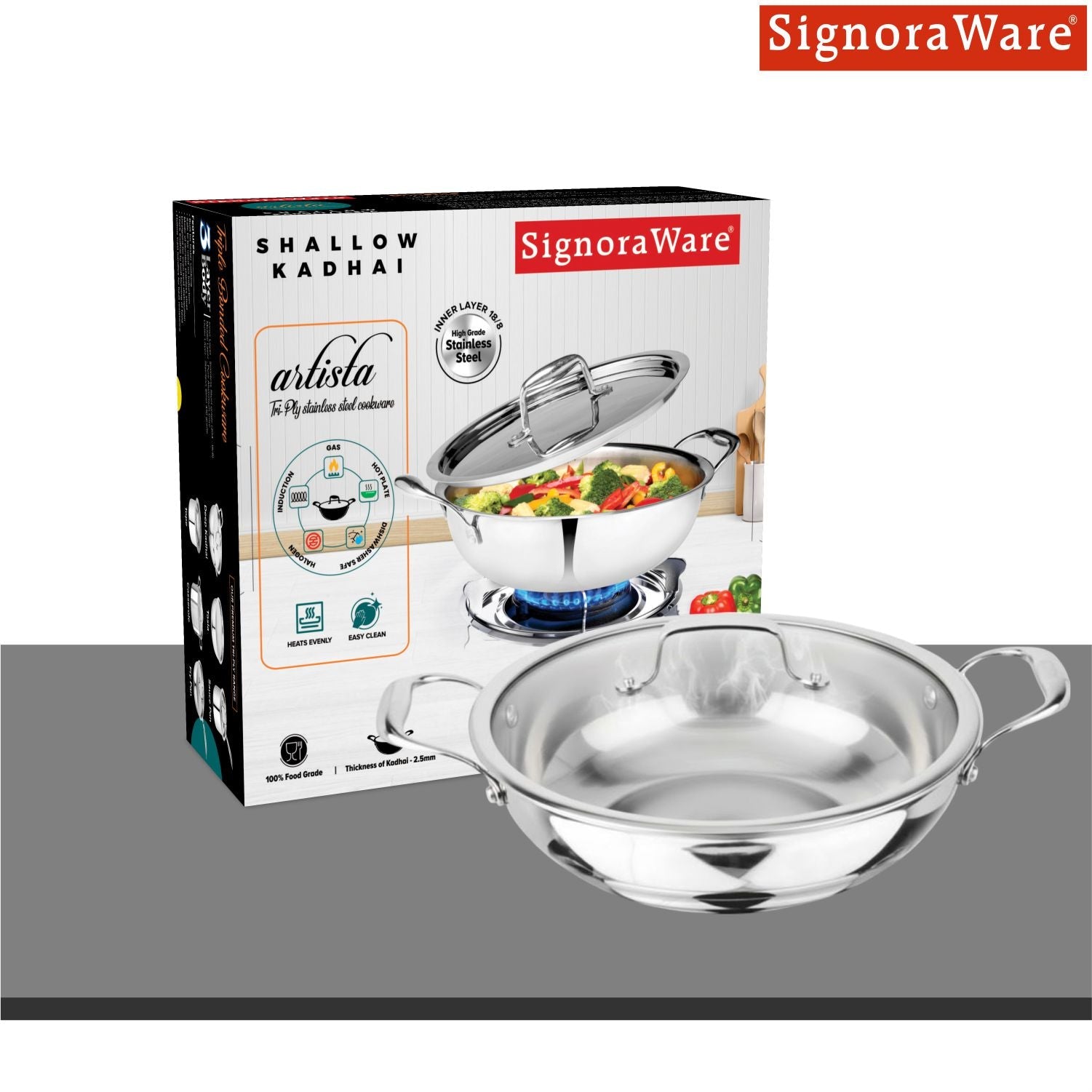 Artista Triply Shallow Kadhai with Glass Lid 20cm
