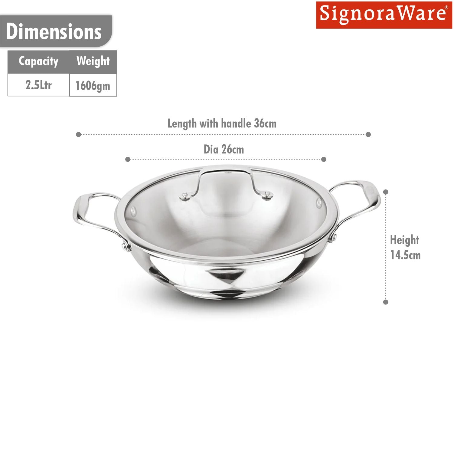Artista Triply Shallow Kadhai with Glass Lid 24cm