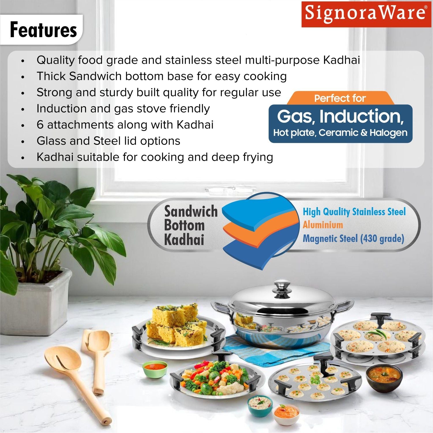 7 Pcs. All Rounder Multi Kadhai | Induction Bottom | All-in-One Stainless Steel Kadhai