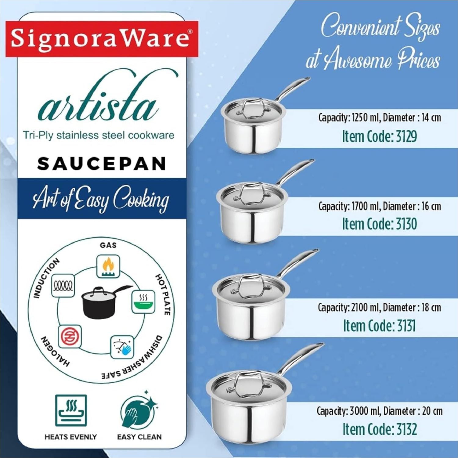 Artista Tri Ply Saucepan with Lid 14cm. 1250ml.