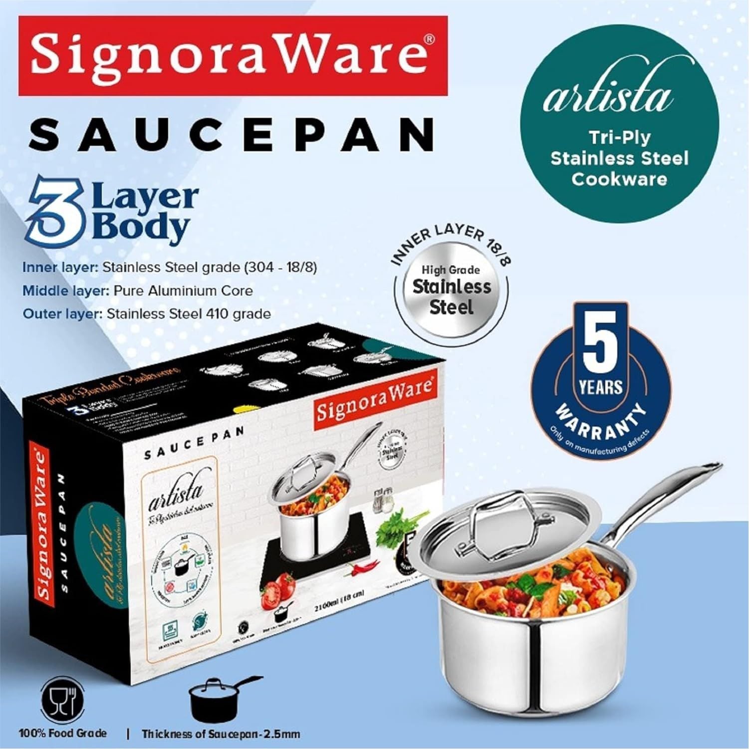 Artista Tri Ply Saucepan with Lid 14cm. 1250ml.