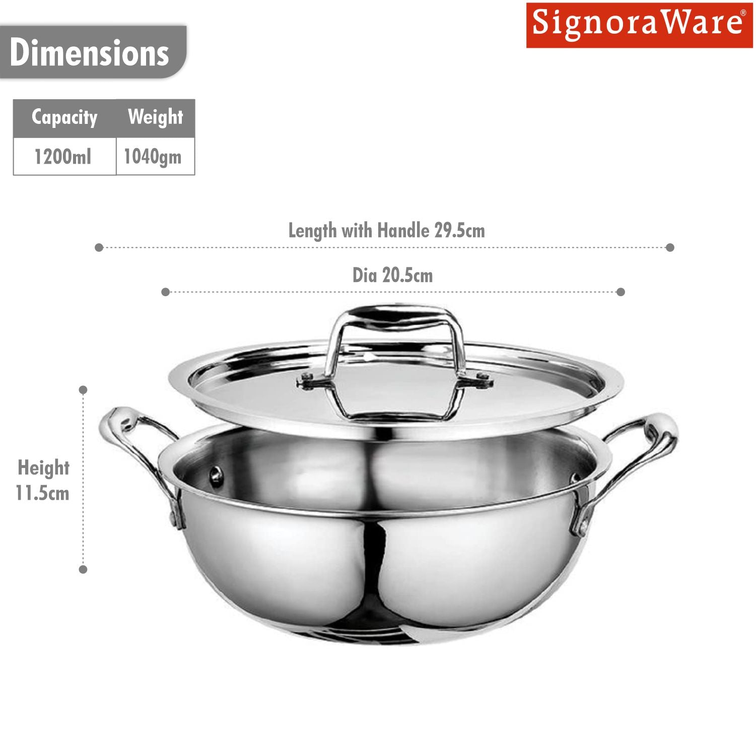 Artista Triply Stainless Steel Shallow Kadhai with Lid| Silver (Induction and Gas Stove Friendly), 18cm, 1200ml