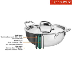 Artista Triply Stainless Steel Shallow Kadhai with Lid| Silver (Induction and Gas Stove Friendly), 18cm, 1200ml