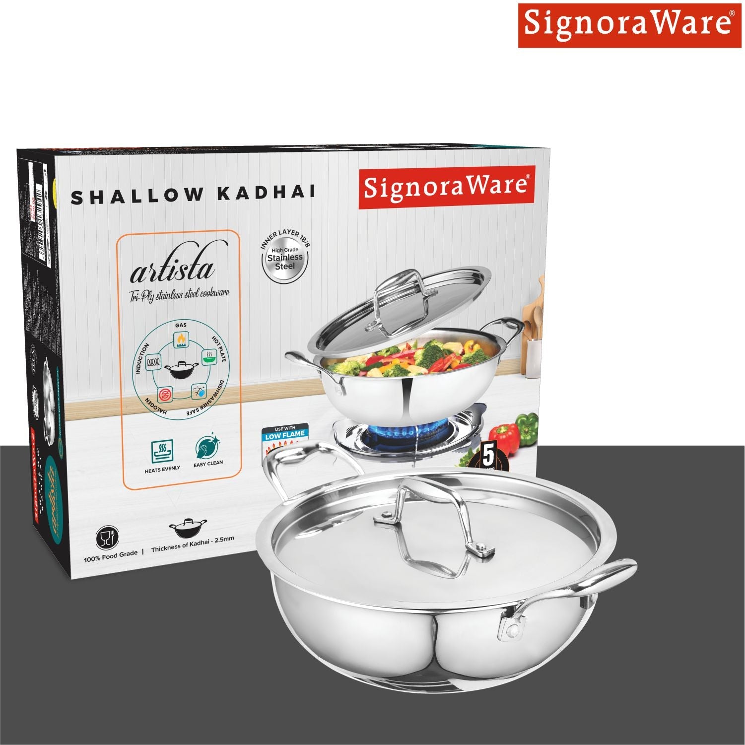 Artista Triply Stainless Steel Shallow Kadhai with Lid| Silver (Induction and Gas Stove Friendly), 18cm, 1200ml