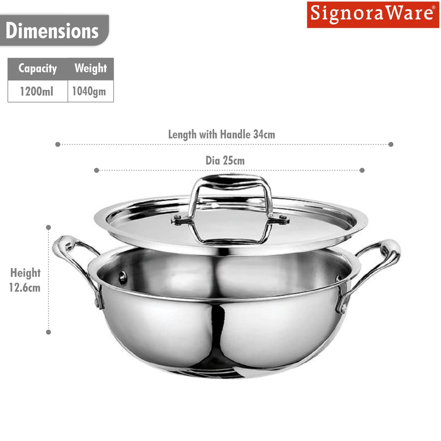 Artista Triply Stainless Steel Shallow Kadhai with Lid| Silver (Induction and Gas Stove Friendly), 22cm, 2100ml