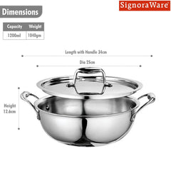 Artista Triply Stainless Steel Shallow Kadhai with Lid| Silver (Induction and Gas Stove Friendly), 22cm, 2100ml