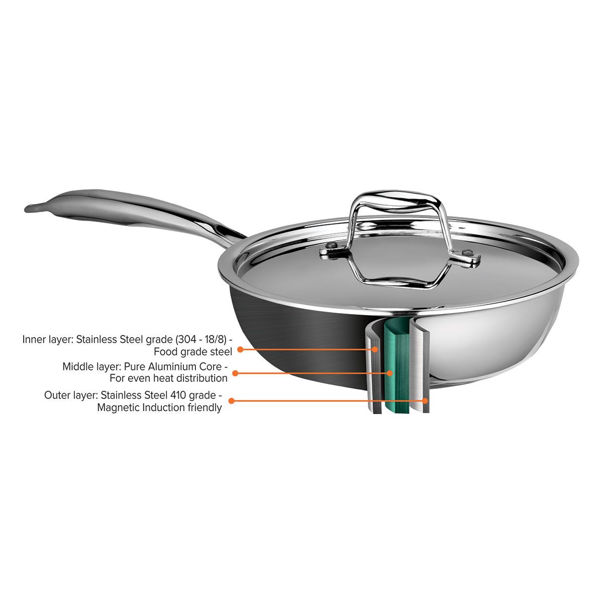 Artista Tri-Ply Frypan with Steel Lid (Induction and Gas compatible) 24cm 2600ml