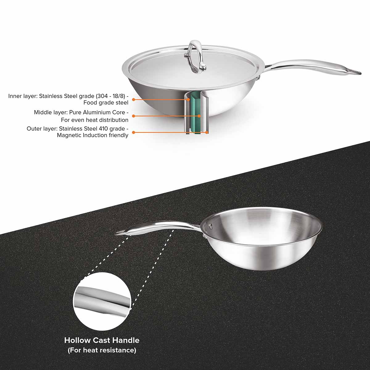 Artista Tri-Ply Wokpan with Lid 20cm 1800ml with Riveted Sturdy Handle | Induction Bottom Cookware | Induction and Gas Stove Friendly