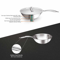 Artista Tri-Ply Wokpan with Lid 20cm 1800ml with Riveted Sturdy Handle | Induction Bottom Cookware | Induction and Gas Stove Friendly