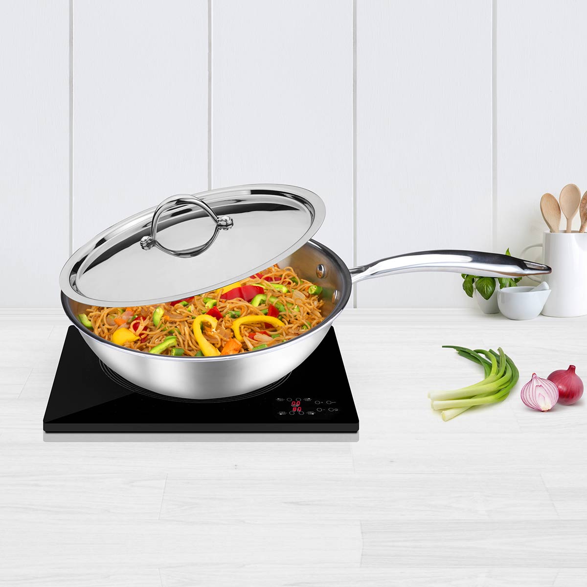 Artista Tri-Ply Wokpan with Lid 20cm 1800ml with Riveted Sturdy Handle | Induction Bottom Cookware | Induction and Gas Stove Friendly