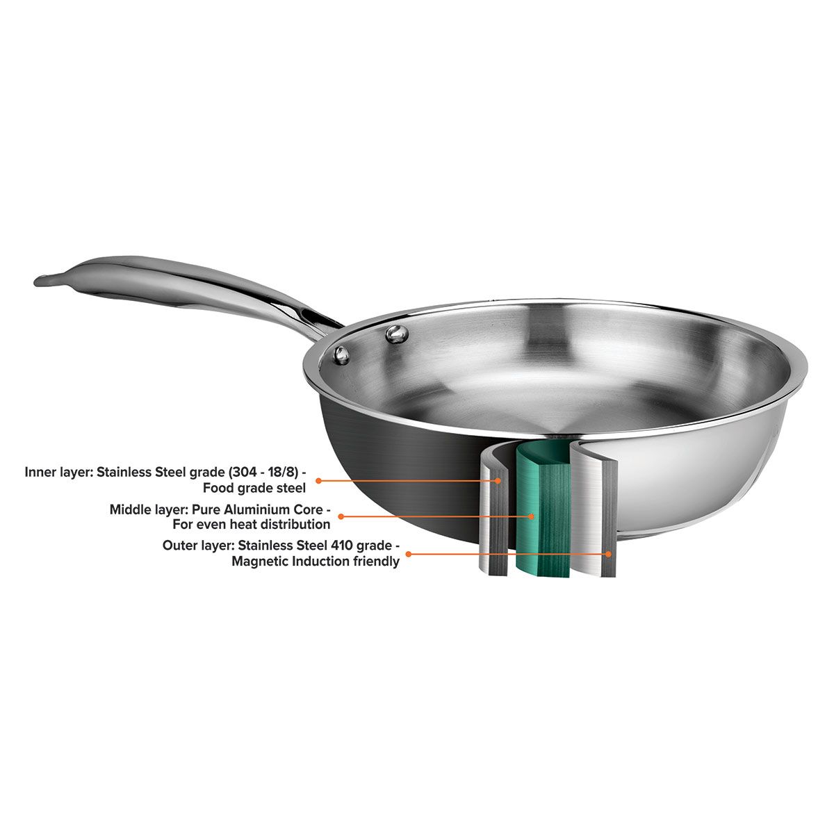Artista Tri-Ply Frypan with Steel Lid (Induction and Gas compatible) 24cm 2600ml