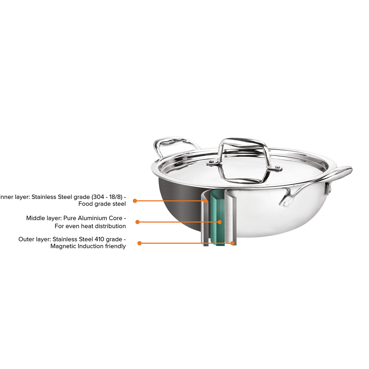 Artista Tri-Ply Shallow Kadhai 34cm Lid