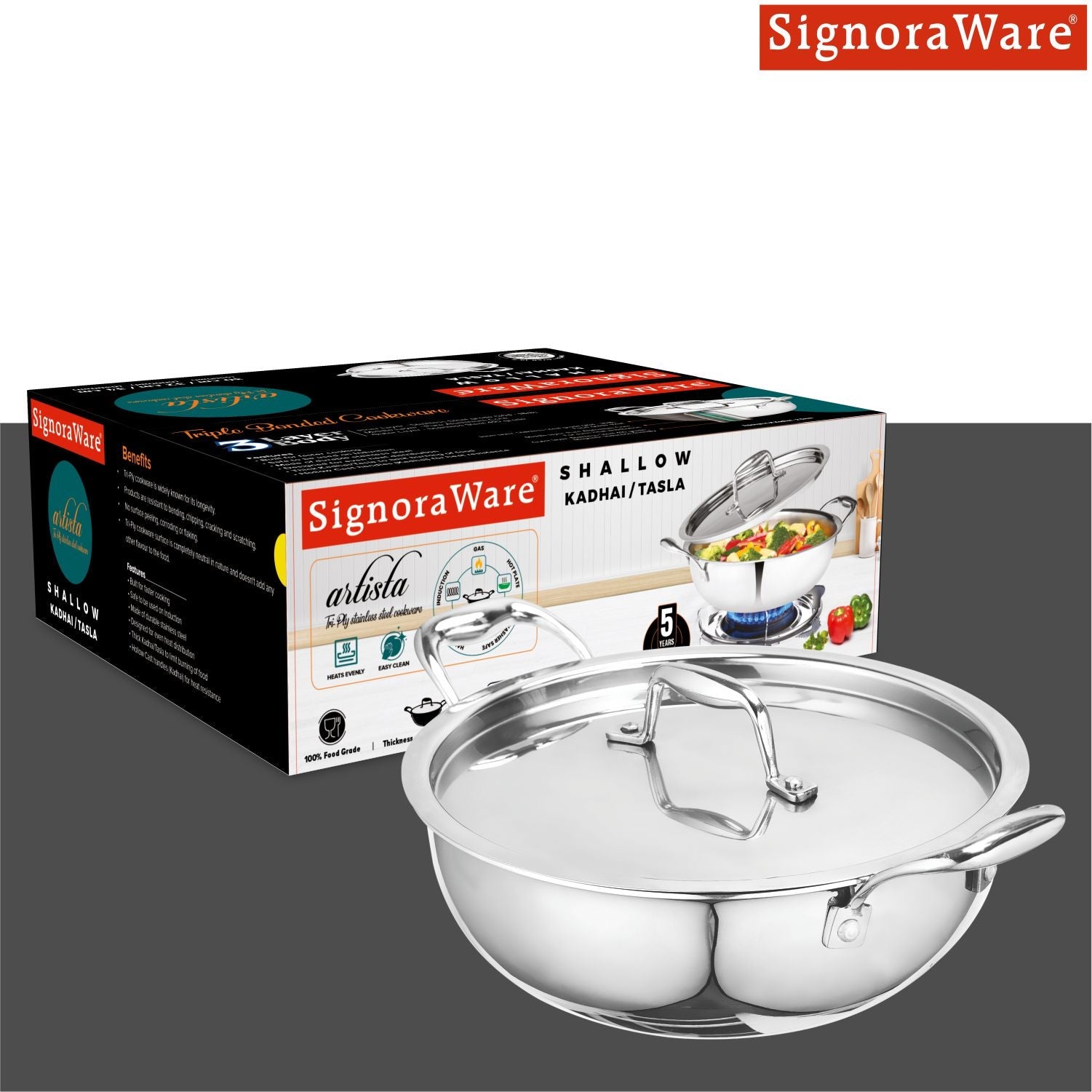 Artista Tri-Ply Shallow Kadhai 32cm Lid