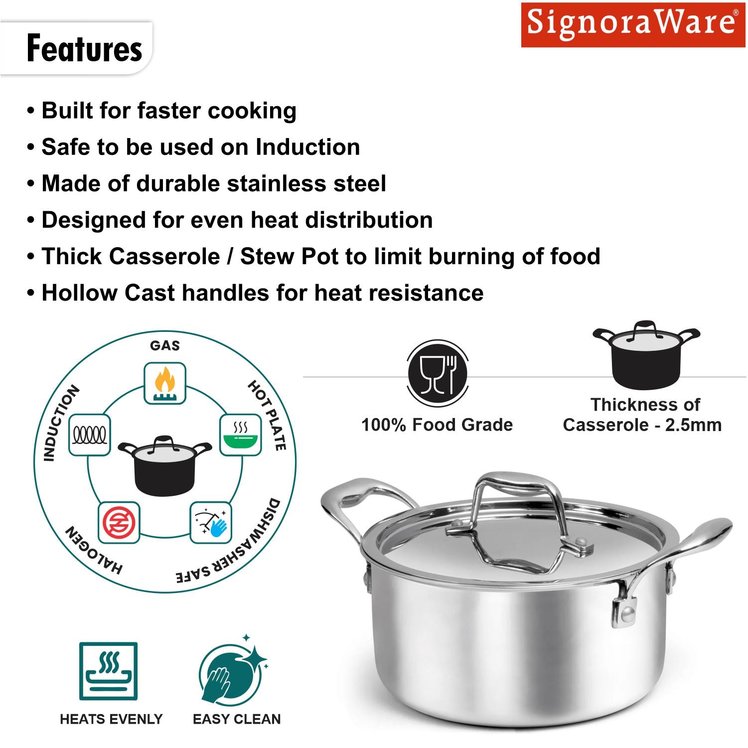 Artista Tri Ply Stewpot 28 cm, 7800ml with Lid | Cooking Pot 18/8 Food Grade Tri Ply Stainless Steel | Durable Soup Pot Stew Simmering Pot (Copy)