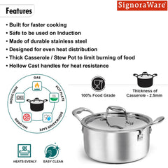 Artista Tri Ply Stewpot 28 cm, 7800ml with Lid | Cooking Pot 18/8 Food Grade Tri Ply Stainless Steel | Durable Soup Pot Stew Simmering Pot (Copy)