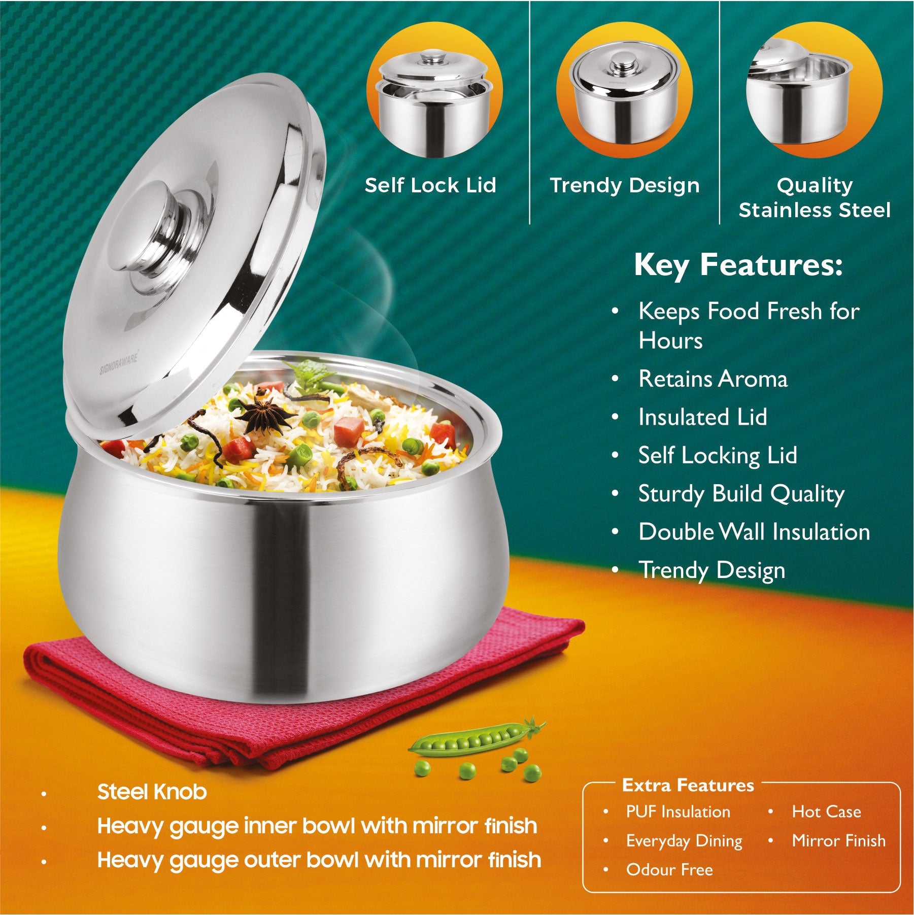 Hot Delight Casserole (1000ml) - Double Wall Stainless Steel Insulated casserole - Keep Food Hot for longer time