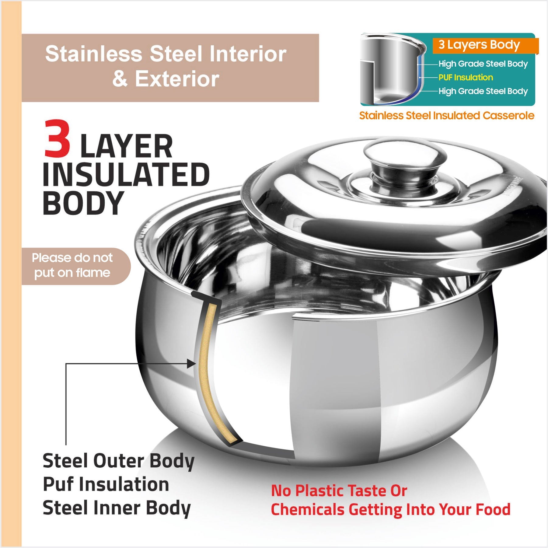 Hot Delight Casserole (1000ml) - Double Wall Stainless Steel Insulated casserole - Keep Food Hot for longer time