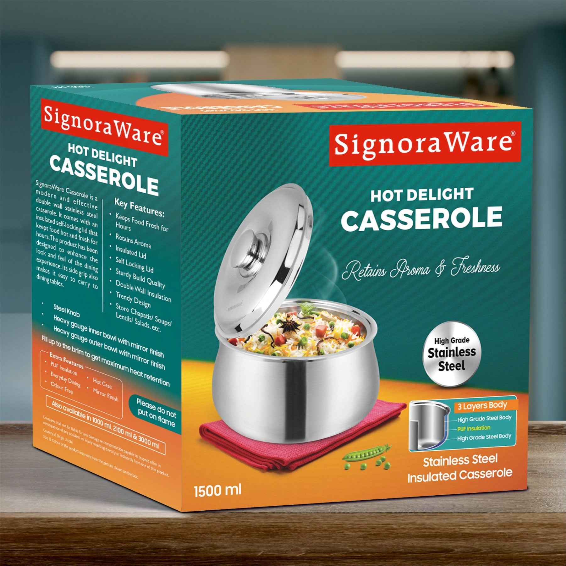 Hot Delight Casserole (1500ml) - Double Wall Stainless Steel Insulated casserole - Keep Food Hot for longer time