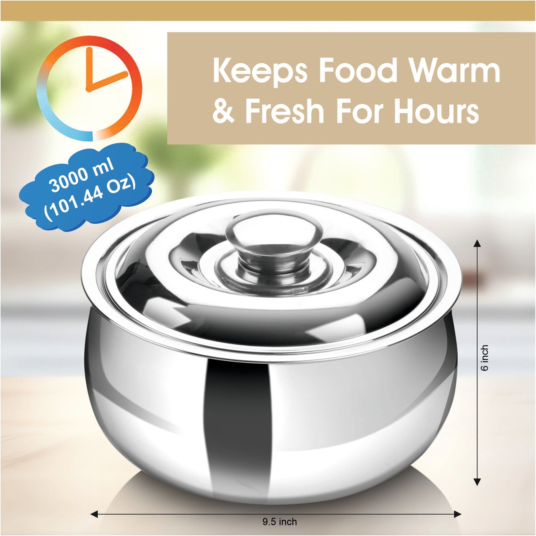 Hot Delight Casserole (3000ml) - Double Wall Stainless Steel Insulated casserole - Keep Food Hot for longer time