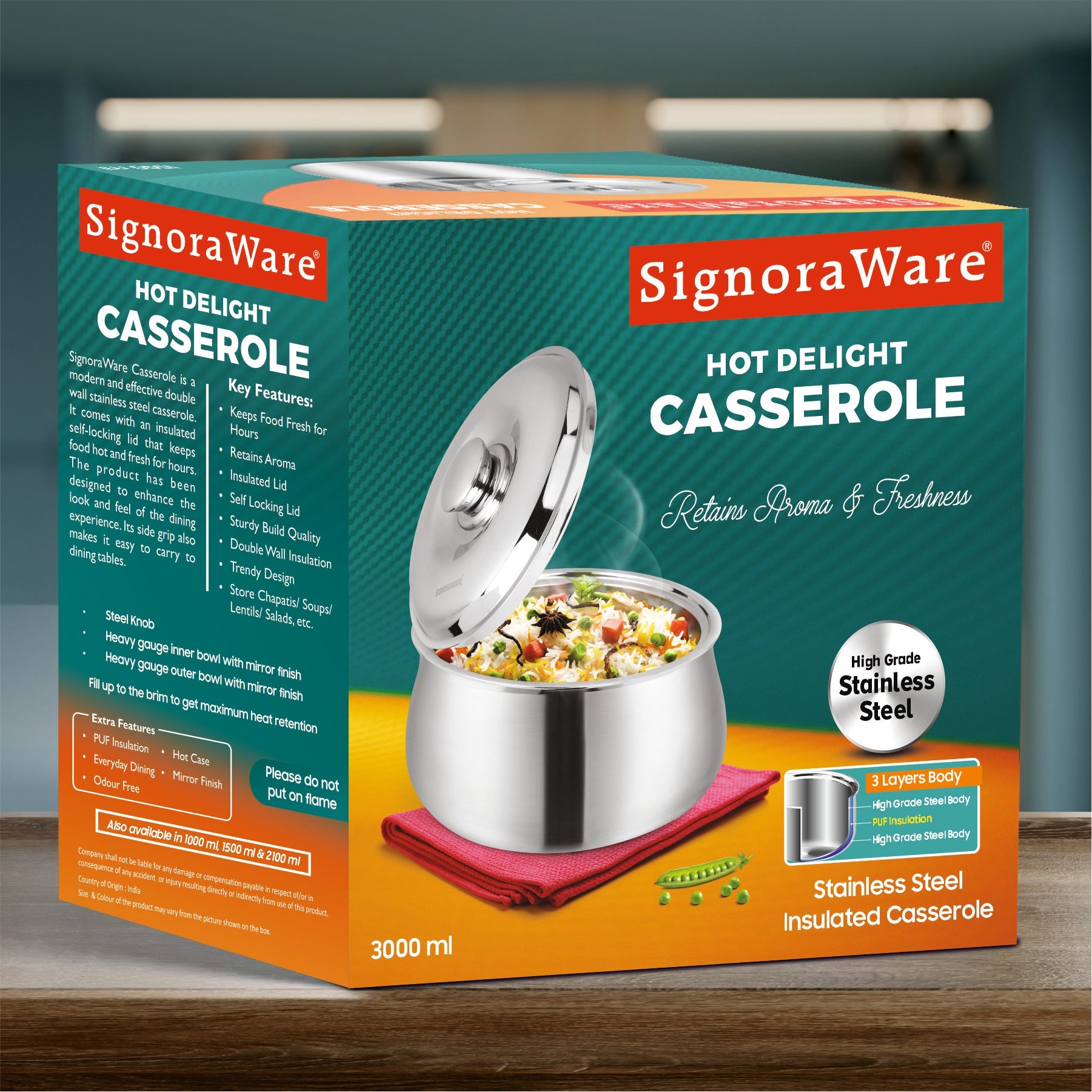 Hot Delight Casserole (3000ml) - Double Wall Stainless Steel Insulated casserole - Keep Food Hot for longer time