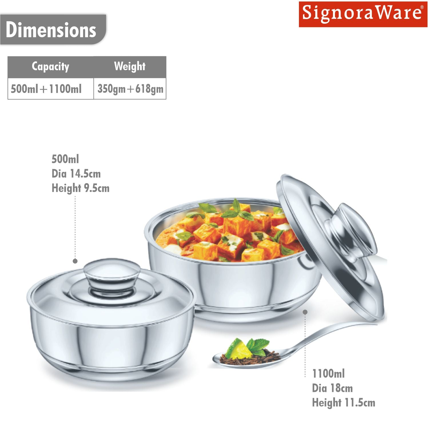 Fresh Steel Casserole (500ml + 1100ml) Set of 2 | Gifting Pack