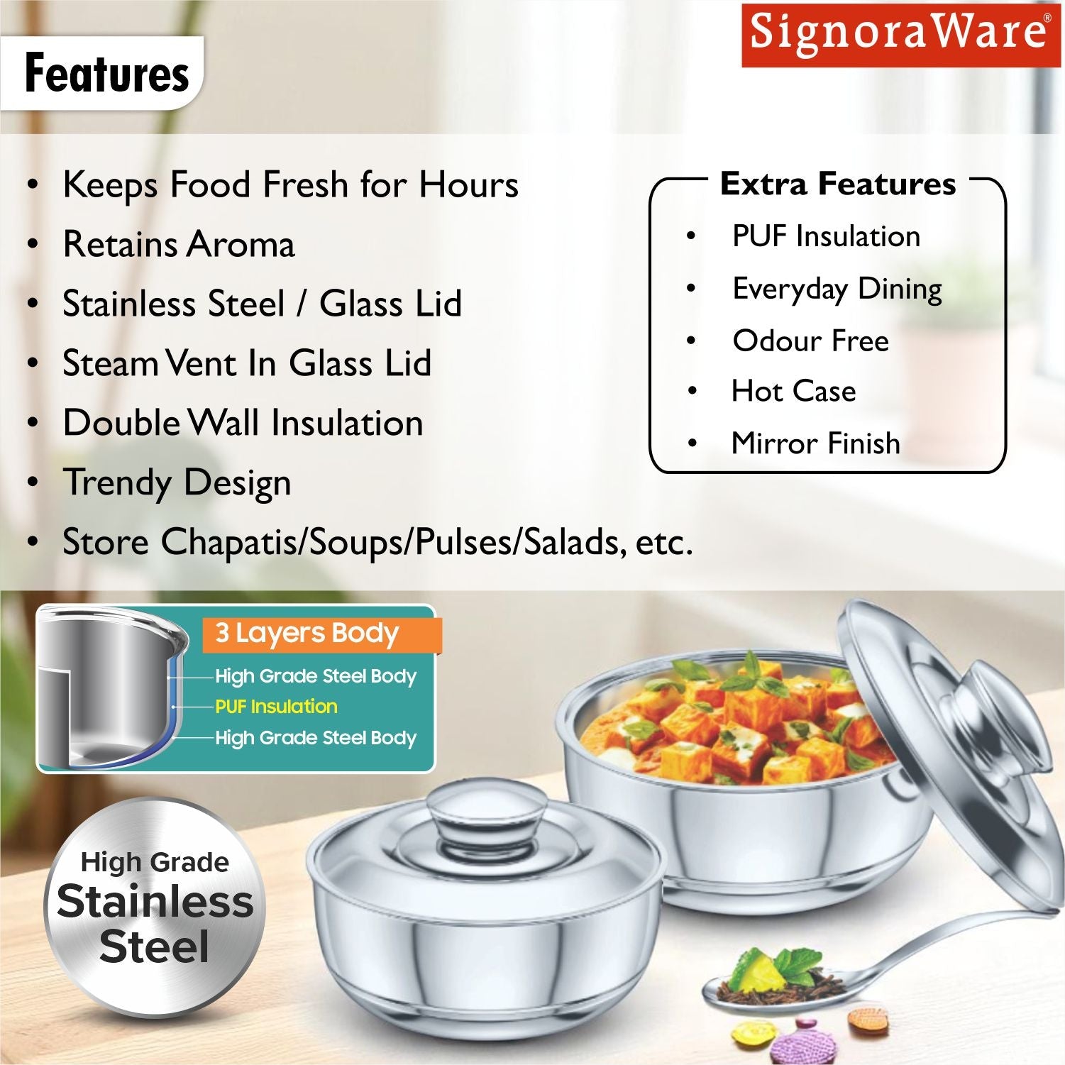 Fresh Steel Casserole (500ml + 1100ml) Set of 2 | Gifting Pack