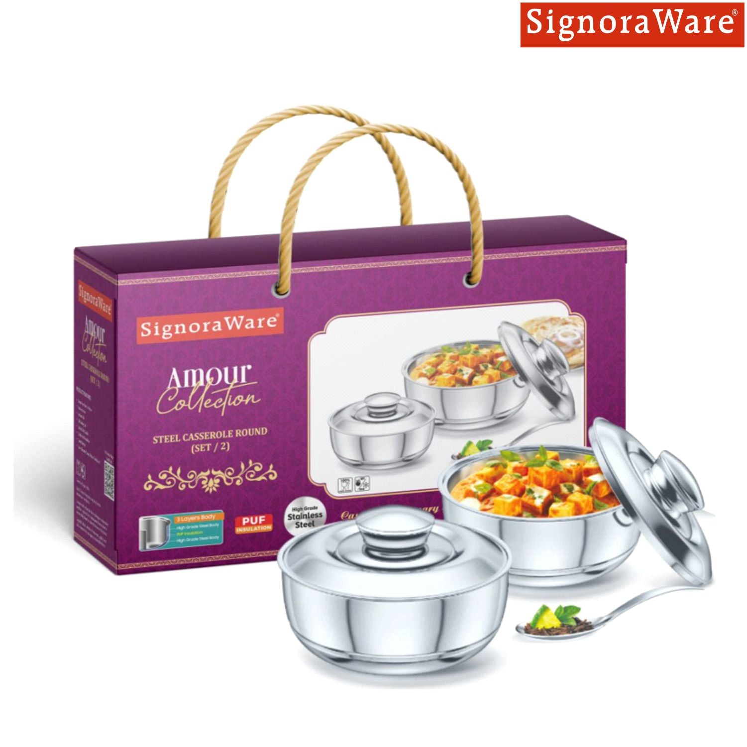 Fresh Steel Casserole (500ml + 1100ml) Set of 2 | Gifting Pack