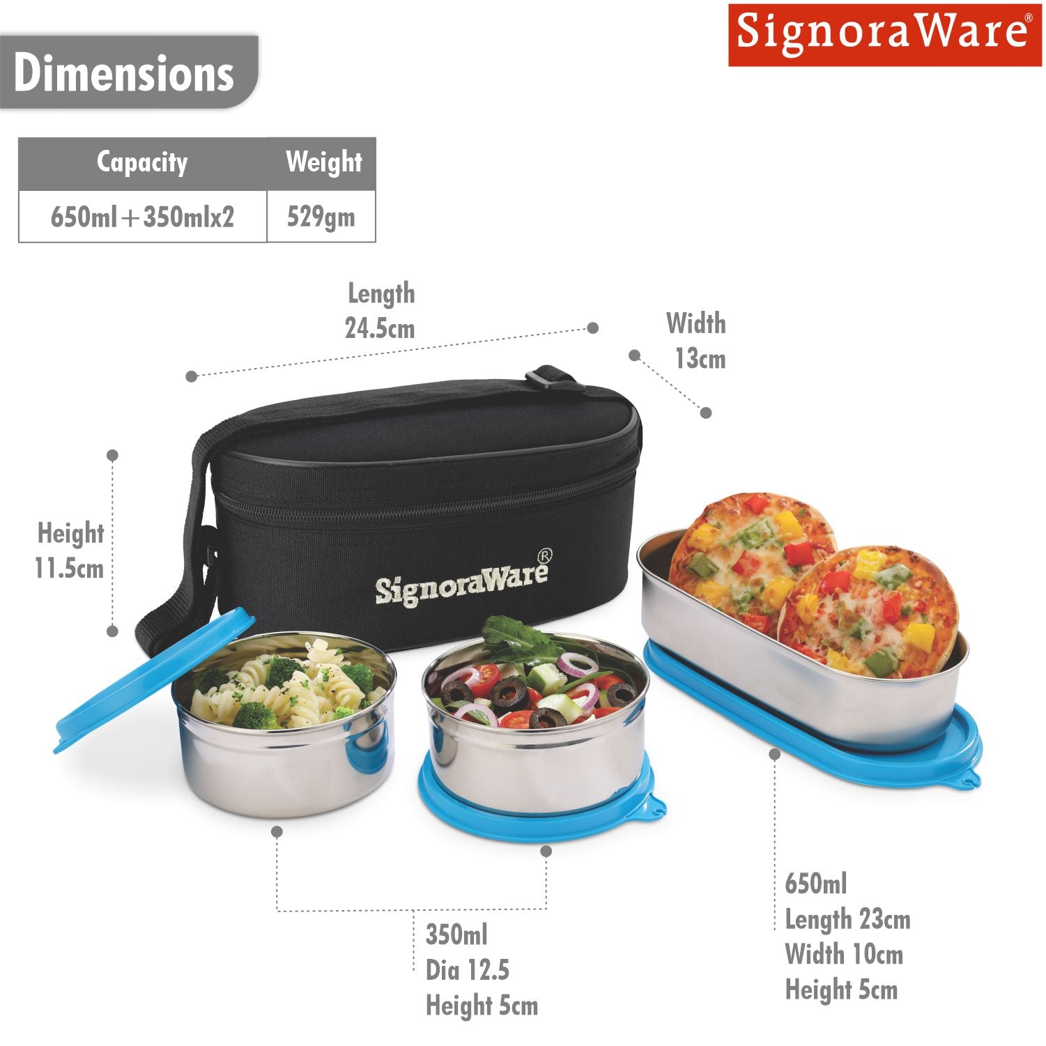 Double Decker Special Steel Lunch Box, 350ml+350ml+650ml, Set of 3