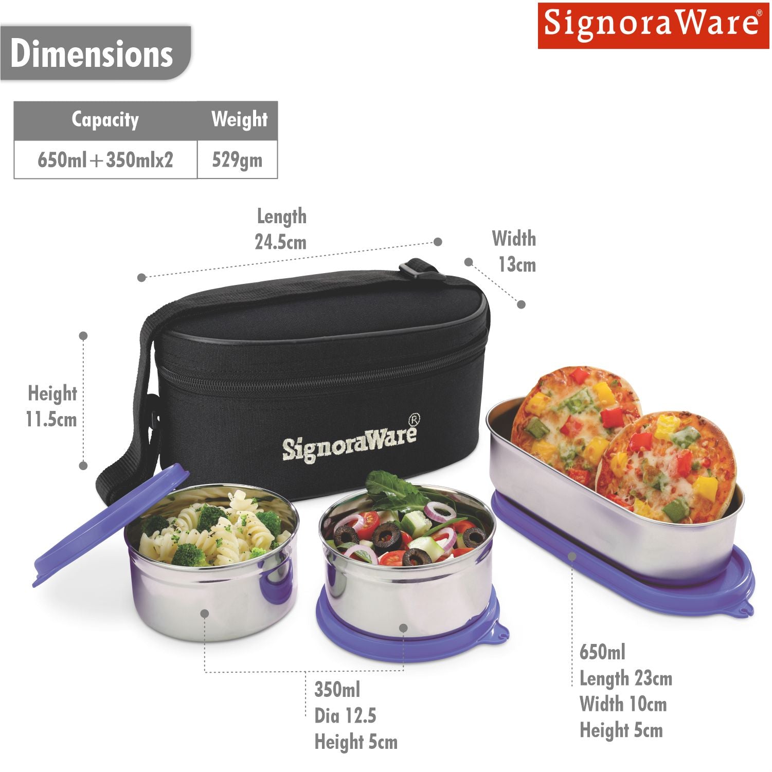 Double Decker Special Steel Lunch Box, 350ml+350ml+650ml, Set of 3