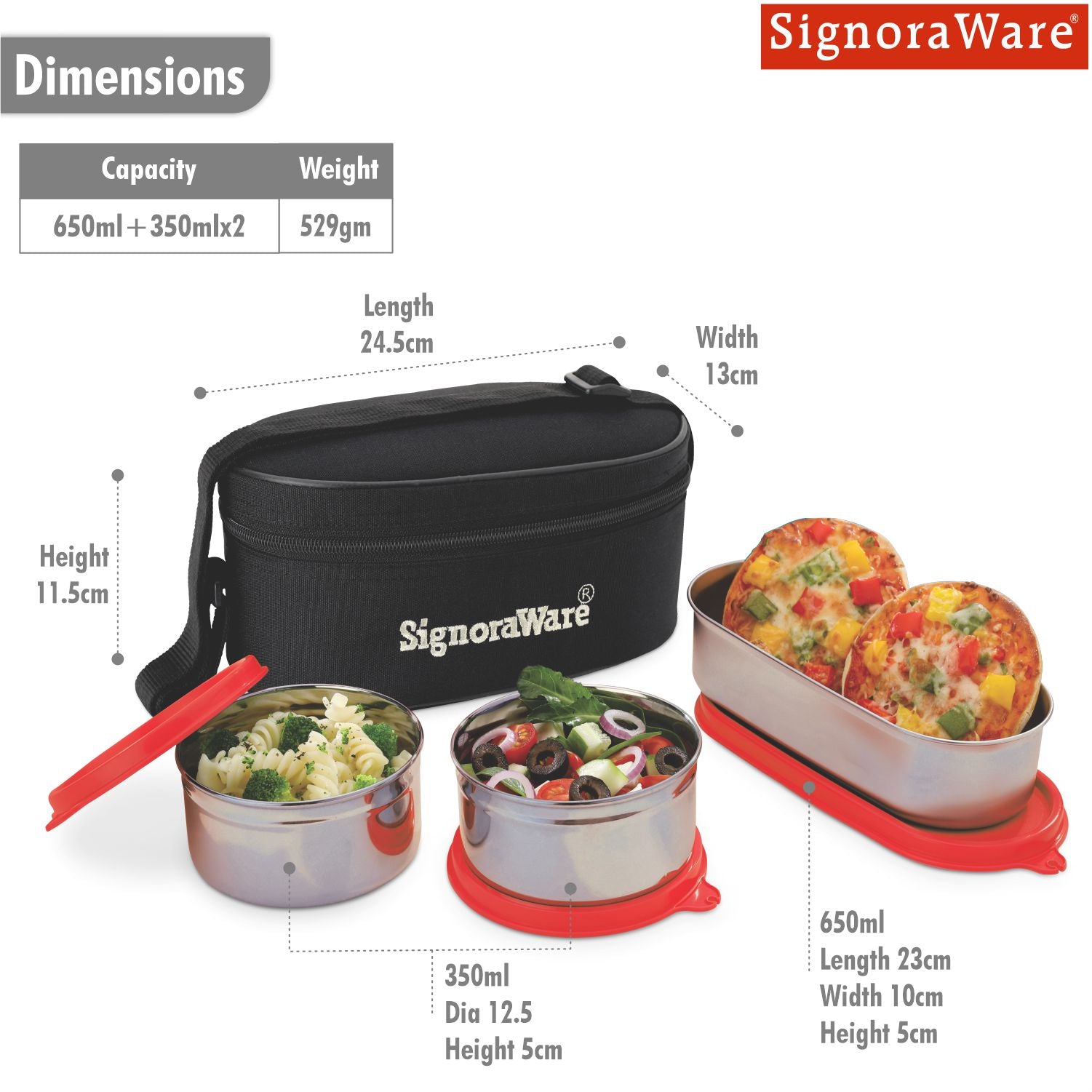 Double Decker Special Steel Lunch Box, 350ml+350ml+650ml, Set of 3