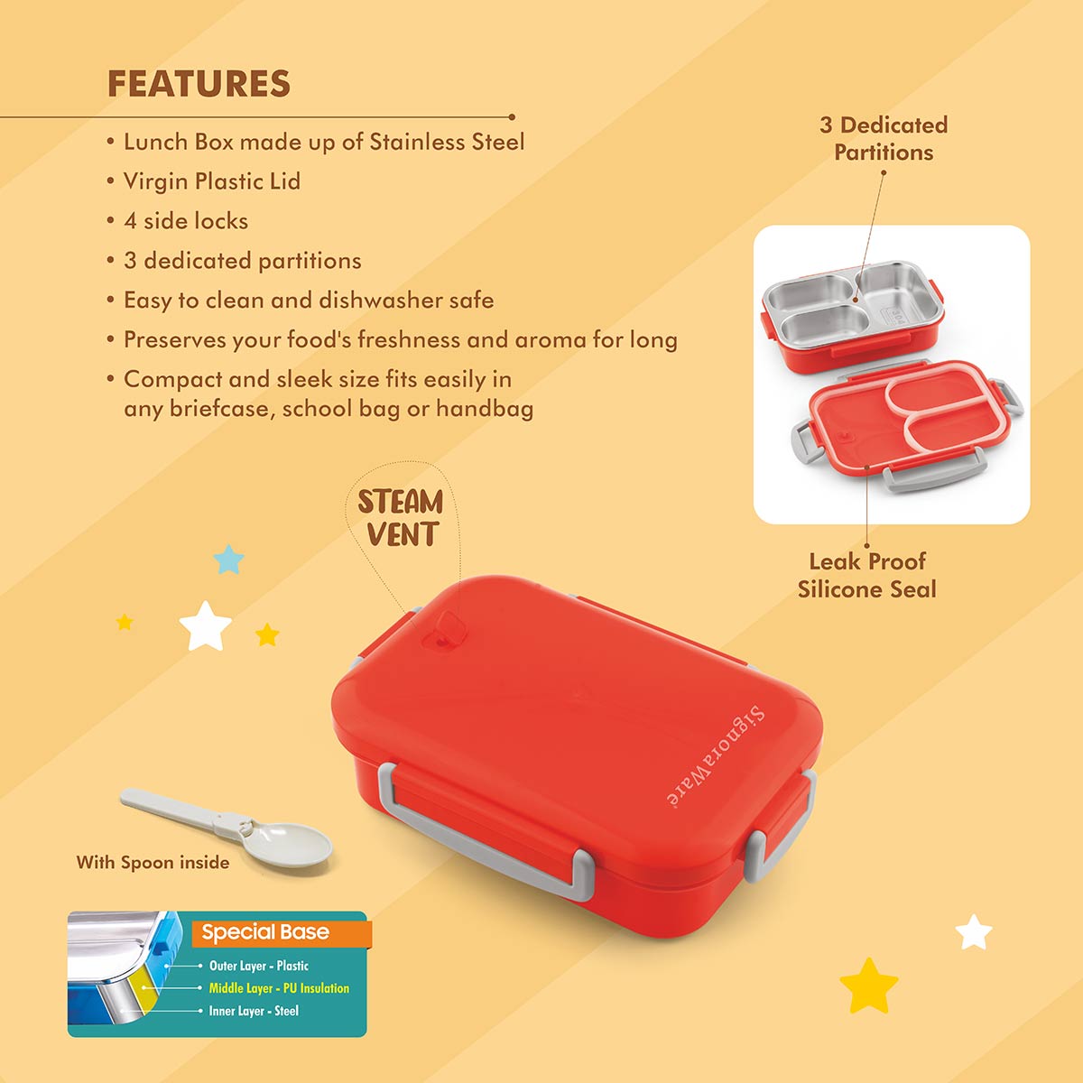 HappyMe Steel Lunch Box (3 Partition)
