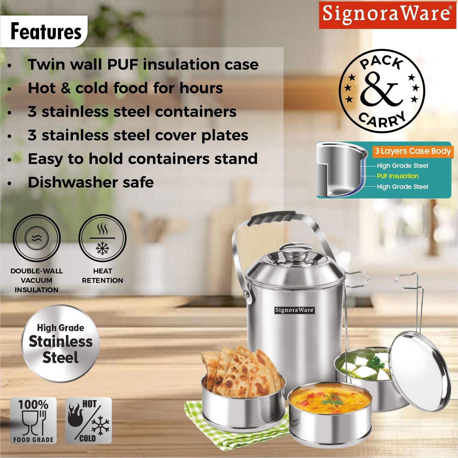 Hot Vault Steel Lunch Box (3 Tier), 450 ml Each